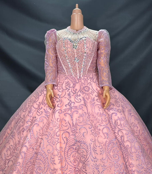 lONG SLEEVE PINK WEDDING DRESS