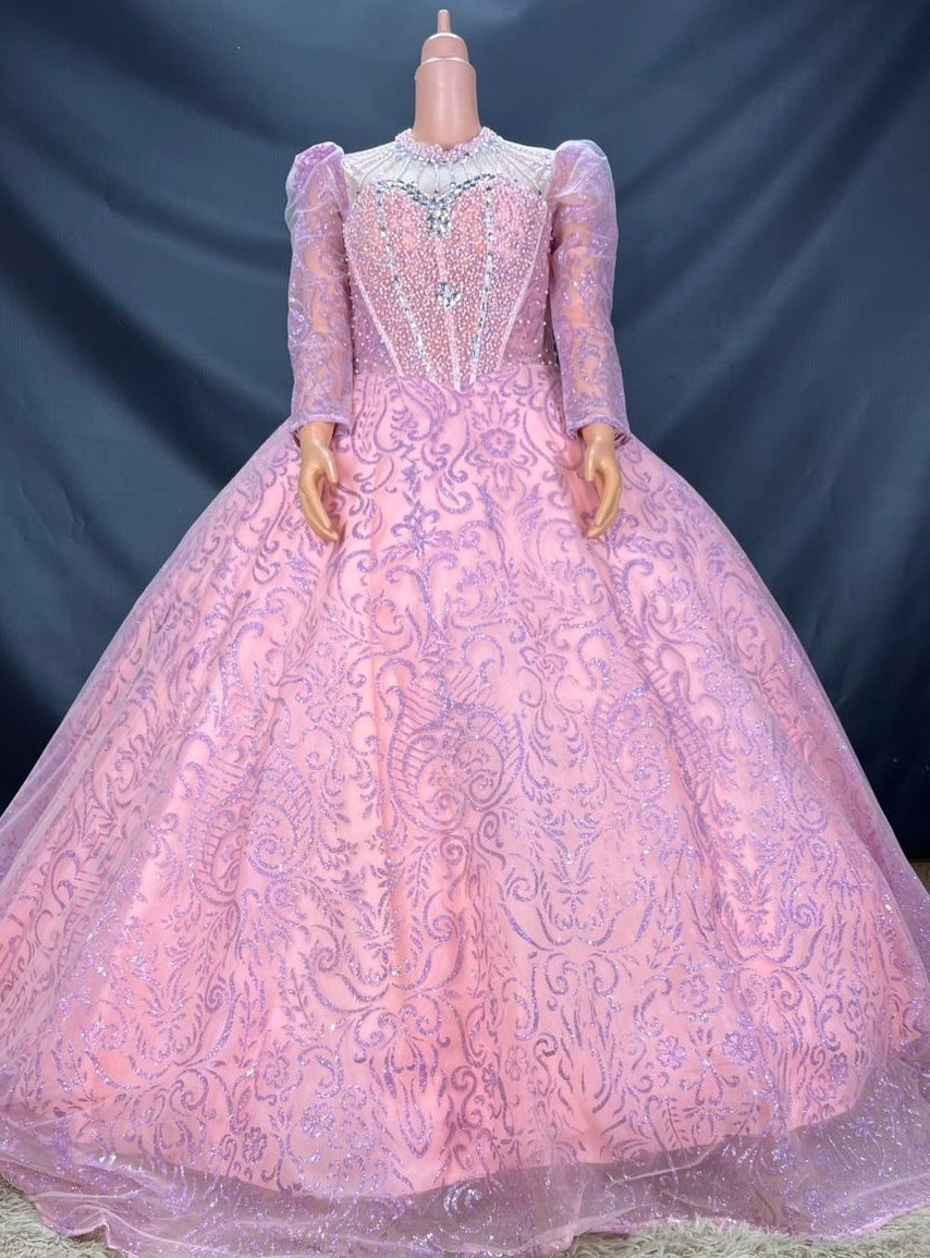 lONG SLEEVE PINK WEDDING DRESS